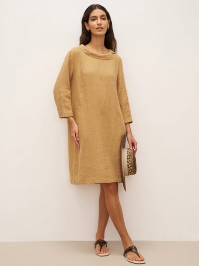 100% Linen Round Soft-Fold Collar Midi Dress DORALEE
