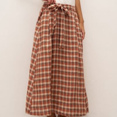 100% Linen A-Line Tie-Waist Checked Skirt DANIELE