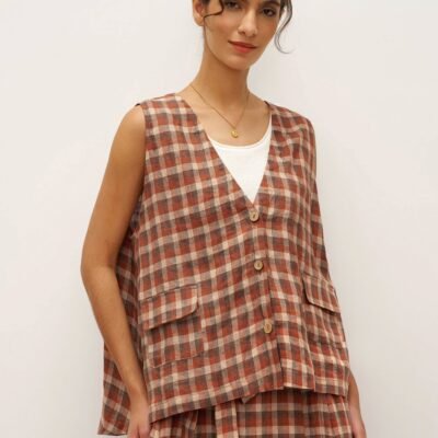 100% Linen V-Neck Checked Oversized Vest DORIS