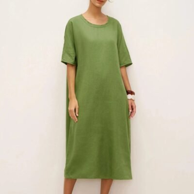 100% Linen Oversized O-Line Belted Midi Dress LORETTA—Multi-Way Wear