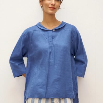 100% Linen Shawl V-Neck Half Sleeve Top JADE