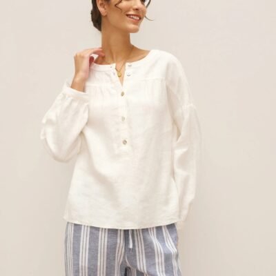 100% Linen Round Neck Button-Front Top JOYCE