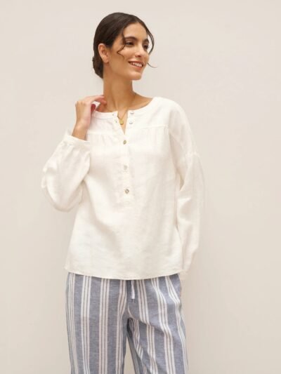 100% Linen Round Neck Button-Front Top JOYCE