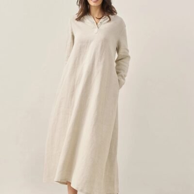 100% Linen Hooded Pullover Maxi Dress REBECCA