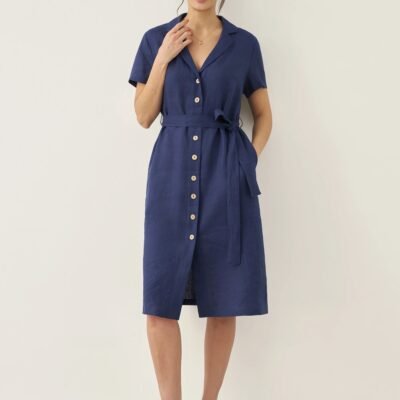 100% Linen V-Neck Button-Front Shirt Dress EILEEN