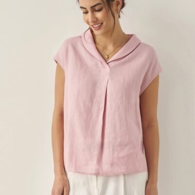 100% Linen Shawl V-Neck Cap Sleeves Top ELARA