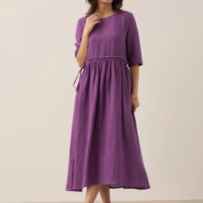 100% Linen Petal-Waist Drawstring Midi Dress JASMINE