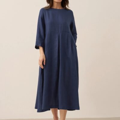 100% Linen Bateau Neck Pleated Maxi Dress