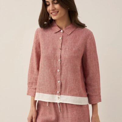 100% Linen Buttoned Closure Color-Blocked Shirt JANICE