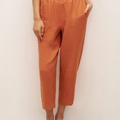 100% Linen Button Accents Tapered Pants DORALIE