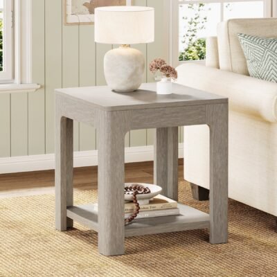 21.6 End Table, 2-Tier Square Side Table Nightstand with Storage Shelf