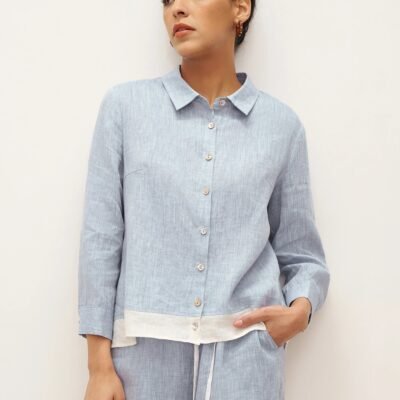 100% Linen Buttoned Closure Color-Blocked Shirt JANICE