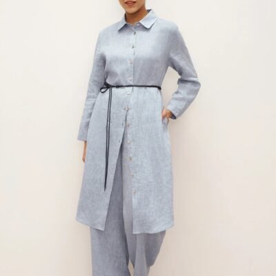 100% Linen U-Hem Belted Shirt Dress JULIA