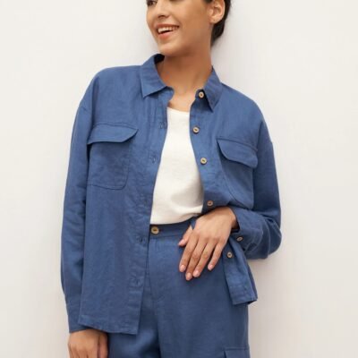 100% Linen Flap-Patch Buttoned Closure Shirt Jacket JANE