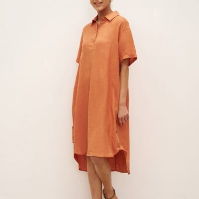 100% Linen Short Sleeve Button-Deco Shirt Dress DORIS