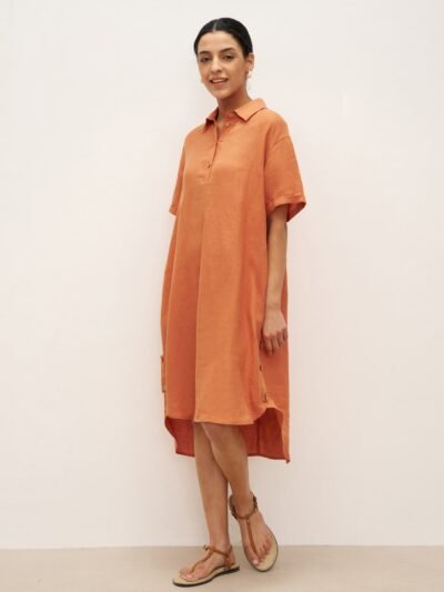 100% Linen Short Sleeve Button-Deco Shirt Dress DORIS