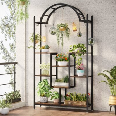 Arched Plant Stand, 74.8" Flower Stands with Hanging Hooks