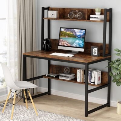 55" Tall Computer Desk, Home Office Desk with Hutch and Shelves