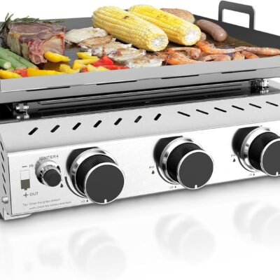 3 Burners Portable Propane Griddle，25 inch Stainless Steel Gas Grill，24,000 BTU Table Top Grill TG0130C