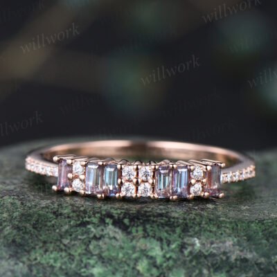 Dainty baguette Alexandrite wedding band minimalist moissanite diamond half eternity wedding band 14k rose gold Alexandrite ring for women