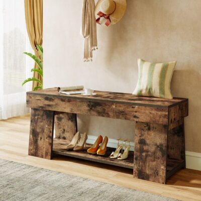 41" Entryway Bench, Shoe Bench End of Bed Stool with 2-Tier Storage Shelf
