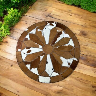 Cowhide Flower Patchwork Round Rug Size 5'x5'