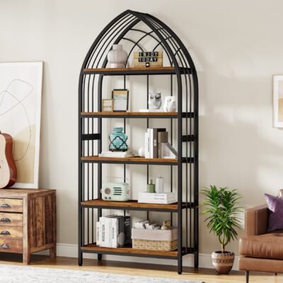 5-Tier Bookshelf, 74.8" Industrial Curved Bookcase Freestanding Display Shelf