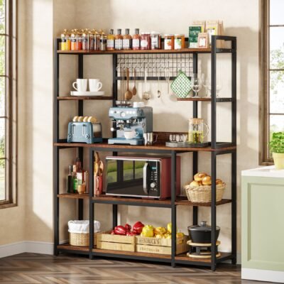 5-Tier Kitchen Baker's Rack, 55" Wide Kitchen Storage Shelf with 11 Hooks