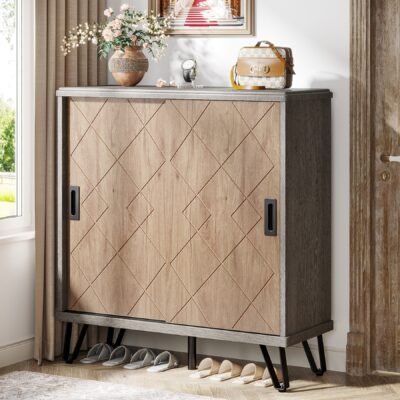 5-Tier Shoe Cabinet with Sliding Doors, Wood Shoe Organizer with Metal Legs