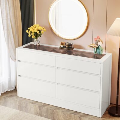 55" Chest of Dresser, 6 Drawer Dresser Organizer with Glass Top