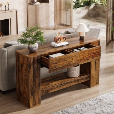 55" Console Table, 2-Tier Wooden Sofa Table with 2 Drawers