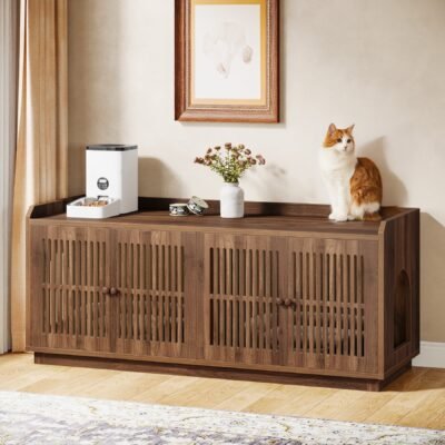 55" Litter Box Furniture, Cat Litter Box Enclosure with 2 Cabinets and Side Entrance