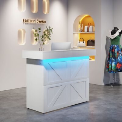 55" Reception Desk, Modern Counter Table Front Desk with LED Lights
