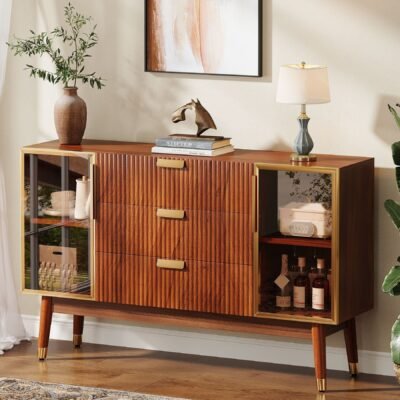 55" Sideboard Buffet, Mid-Century Buffet Storage Cabinet with 3 Drawers