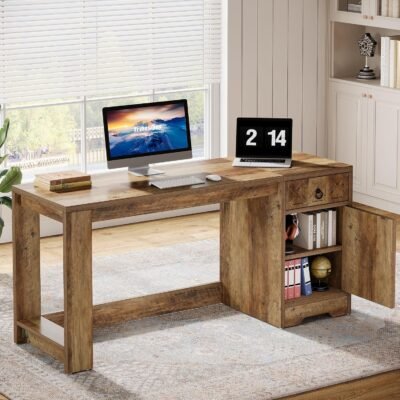 59 Computer Desk, Farmhouse Home Office Executive Desk with Storage Cabinet