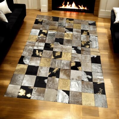 Beige, Black and Gold Leaf Cowhide Patchwork Rug