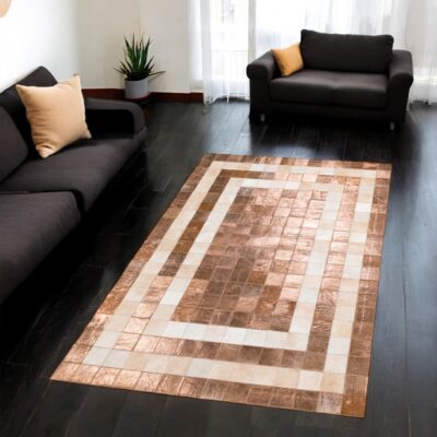 Gold Cowhide Patchwork Rug with Beige Frame