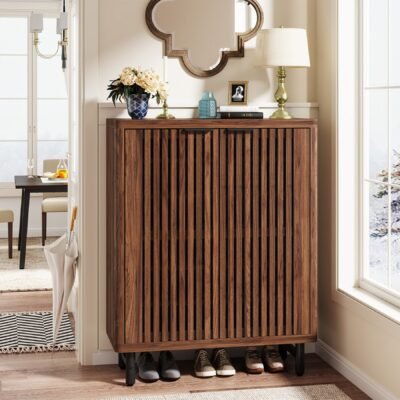 6-Tier Wooden Shoe Cabinet with Louvered Doors & Adjustable Shelves