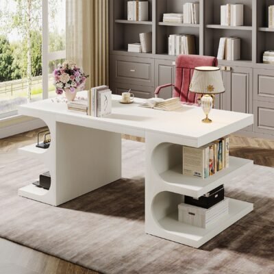 62" Executive Desk, Modern Office Computer Desk with Storage Shelves