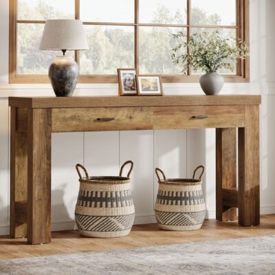63 Console Table, Farmhouse Entryway Table with H-Shaped Legs and 2 Drawers