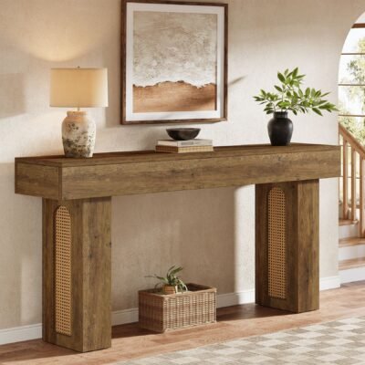 63 Console Table, Farmhouse Sofa Entryway Table Rattan Accent Table