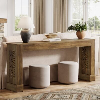 63" Console Table, Wood Sofa Table Entryway Table with Hollow Pattern Legs