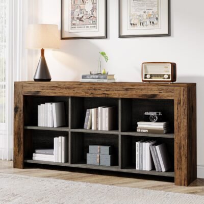 63" Wood Bookshelf, Horizontal Bookcase Storage Display Shelf