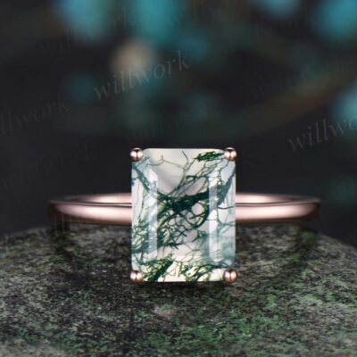 Emerald cut green moss agate engagement ring solid 14k rose gold Solitaire promise anniversary ring women gift