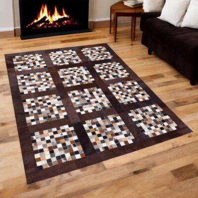 Dark Brown Cowhide Checkered Patchwork Rug