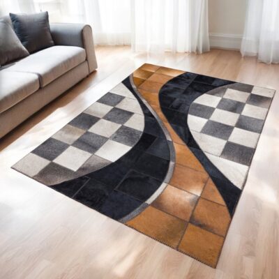 Beige and Gray Cowhide Geometric Patchwork Rug
