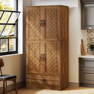 70" Bakers' Rack, Rustic Kitchen Pantry Cabinet with Doors and Drawer