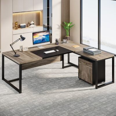 70.8" L-Shaped Desk, Large Executive Desk with Mobile File Cabinet