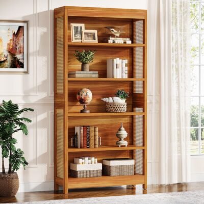 71" Bookcase, 6-Tier Bookshelf Display Shelf Etagere with Rattan Accents