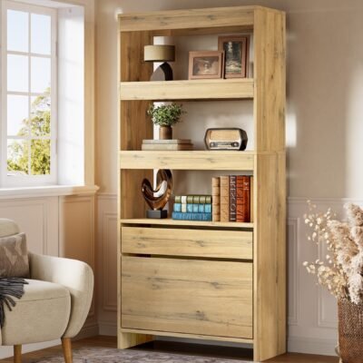 71" Bookshelf, Tall Bookcase with File Cabinet and Drawers
